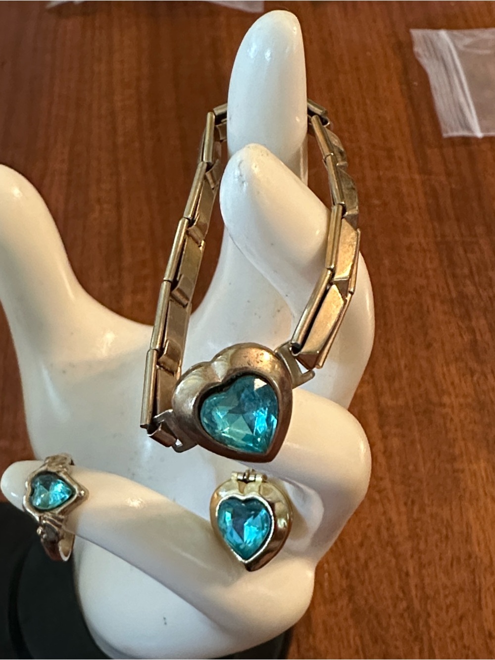 Vtg Gold Tone with Aquamarine Stone Jewelry Set -Ring, Bracelet & Heart Pendant